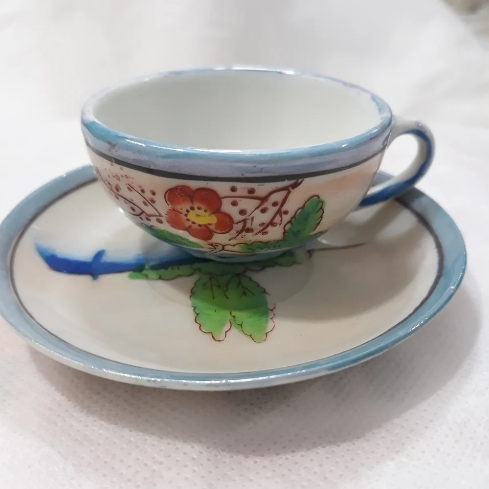 Vintage Hand Painted Miniature Saucer Made in Japan Tea Cup Set of Two